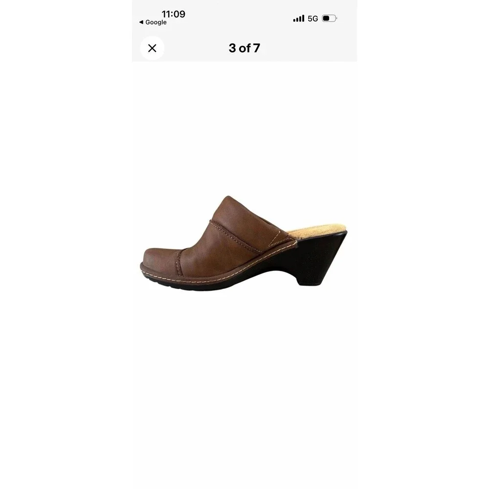 Softspots Women’s Brown Leather Slip-On Mule Wedge Heel Round Toe, Stitching
